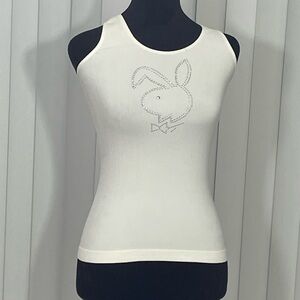 F&F Vintage Y2K Rhinestone Playboy Bunny Ribbed Stretch Tank Top White Size S